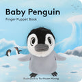 Baby penguin finger puppet book cover with penguins on an ice background