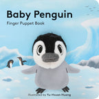 Baby penguin finger puppet book cover with penguins on an ice background