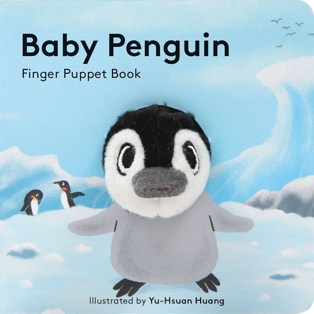 Baby penguin finger puppet book cover with penguins on an ice background