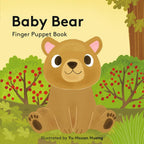 Baby bear finger puppet book with a bear illustration on a forest background