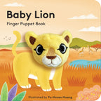 Book cover of 'Baby Lion' finger puppet book with a lion puppet and safari background.