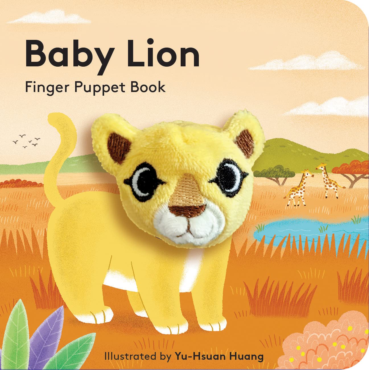 Book cover of 'Baby Lion' finger puppet book with a lion puppet and safari background.