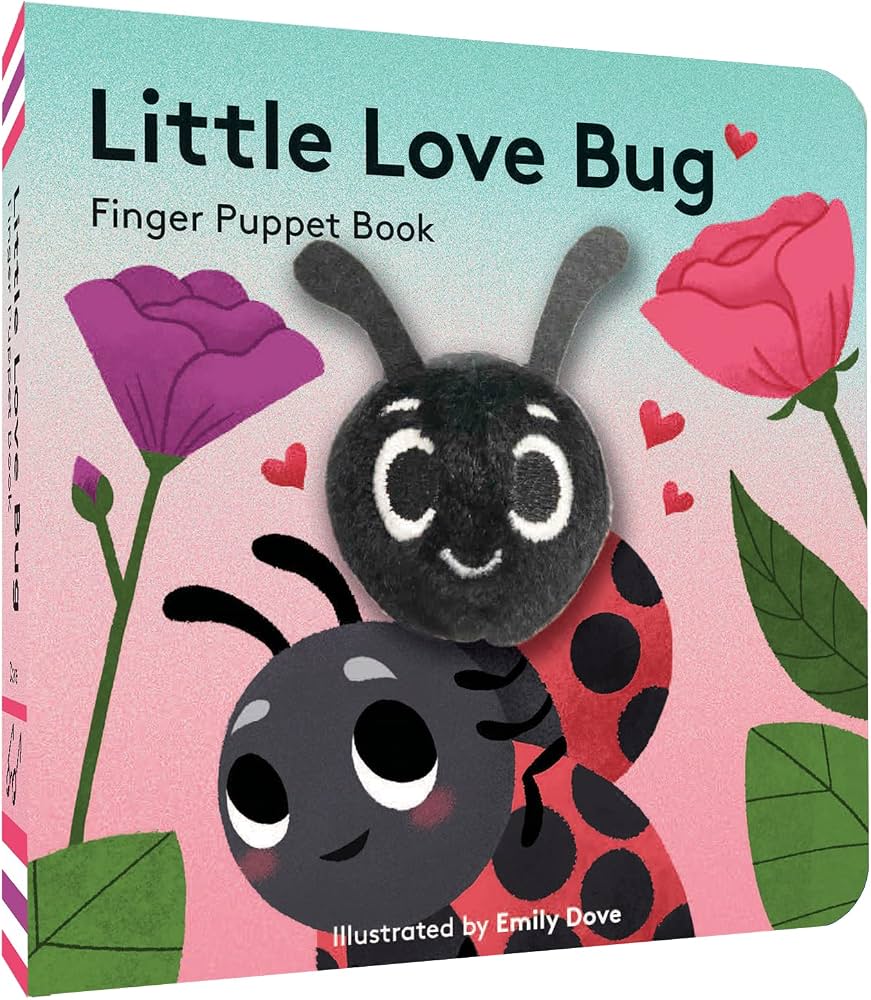 Front cover of the children's book 'Little Love Bug Finger Puppet Book' showing two cute ladybug finger puppets on a pastel pink and teal background with flowers and hearts. The title is printed at the top and 'Illustrated by Emily Dove' appears at the bottom.