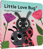 Front cover of the children's book 'Little Love Bug Finger Puppet Book' showing two cute ladybug finger puppets on a pastel pink and teal background with flowers and hearts. The title is printed at the top and 'Illustrated by Emily Dove' appears at the bottom.