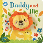 A children's board book or soft toy book titled "Daddy and Me" showing a lion and cub illustration with colorful leaves, flowers, insects, and a yellow spine border.