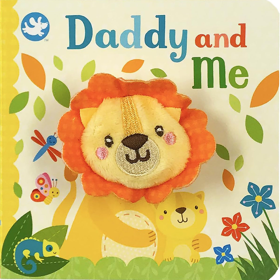 A children's board book or soft toy book titled "Daddy and Me" showing a lion and cub illustration with colorful leaves, flowers, insects, and a yellow spine border.