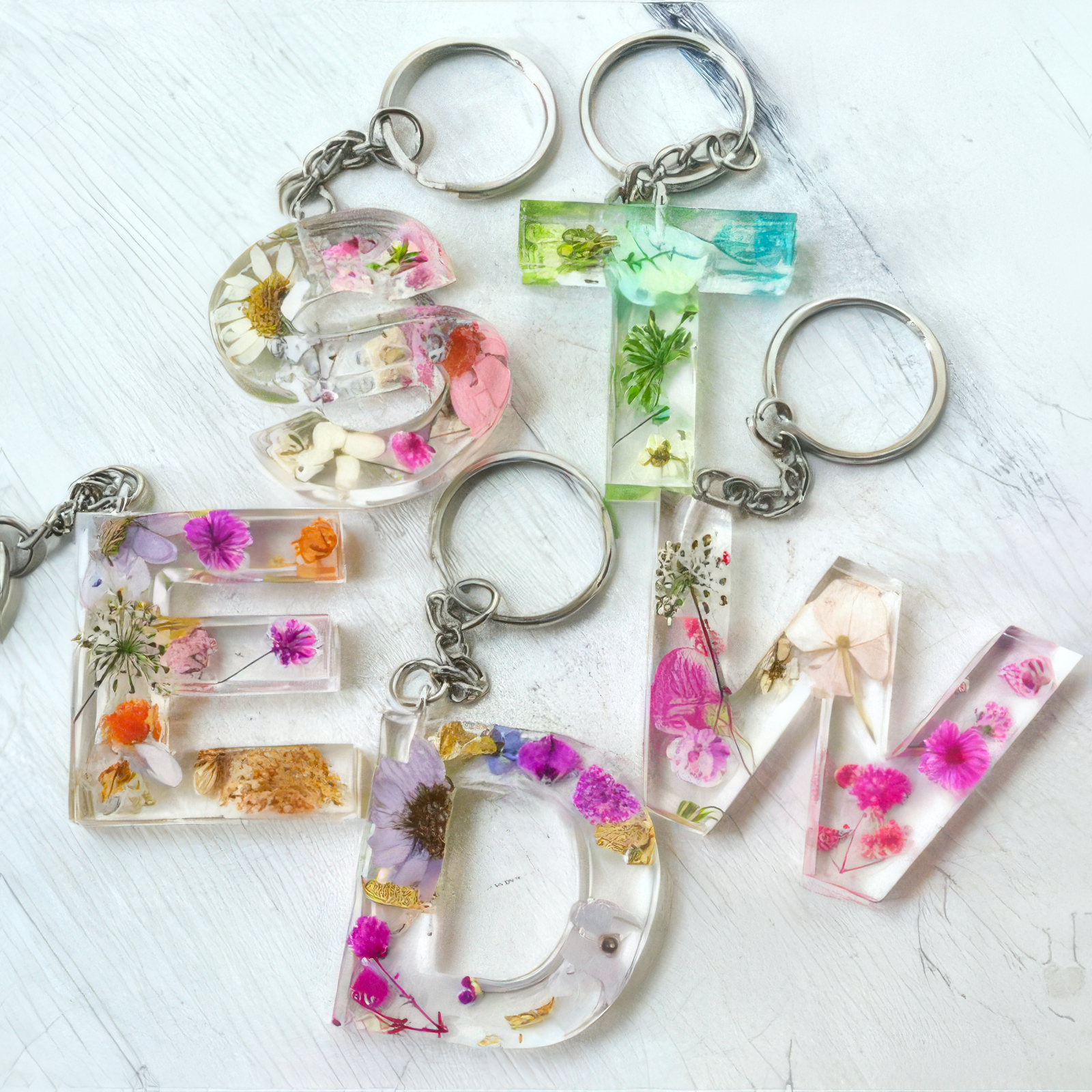 A set of letter-shaped keychains arranged on a white textured surface. Each keychain features a clear resin letter filled with pressed flowers and small gold leaf accents, attached to a silver metal key ring.