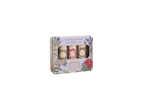 A rectangular decorative tin containing three small cylindrical bottles, shown on a plain white background. The tin has a floral print with lavender, roses, and green leaves, and the label reads 'Collection Soin des Manes Hair Magic' and 'Panachie Collection'.