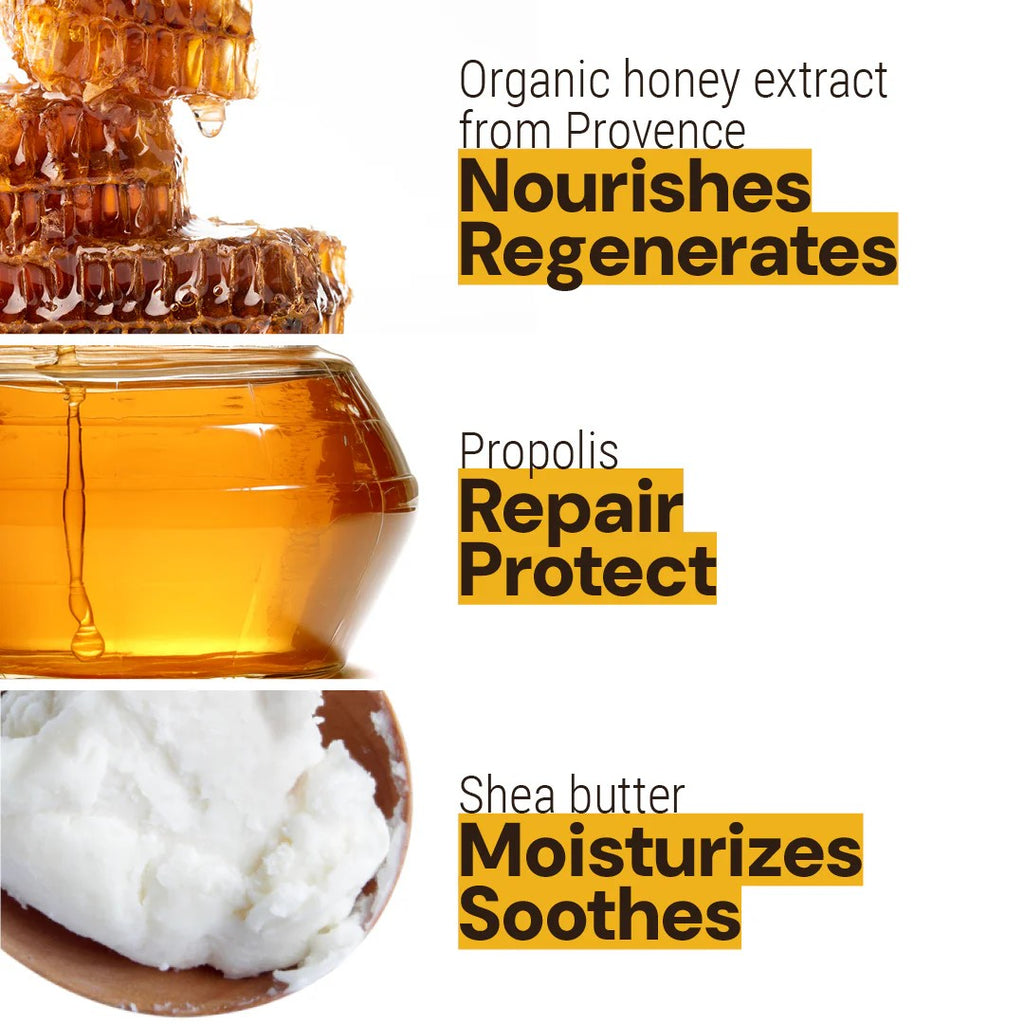 Promotional graphic for a skincare product featuring three ingredient callouts: organic honey extract from Provence at the top, propolis at the middle, and shea butter at the bottom, each with text describing benefits on a white background.