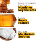 Promotional graphic for a skincare product featuring three ingredient callouts: organic honey extract from Provence at the top, propolis at the middle, and shea butter at the bottom, each with text describing benefits on a white background.
