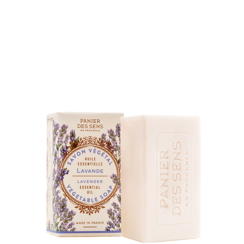 Panier des Sens vegetable soap with lavender essential oil packaging on a white background
