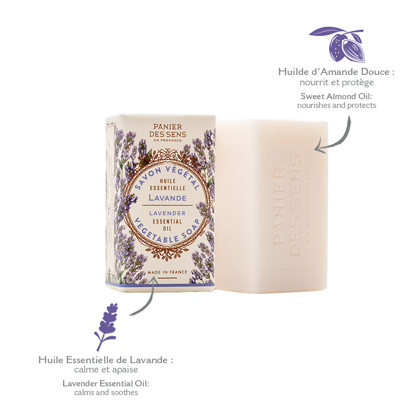 Vegetable soap with lavender essential oil packaging on a white background