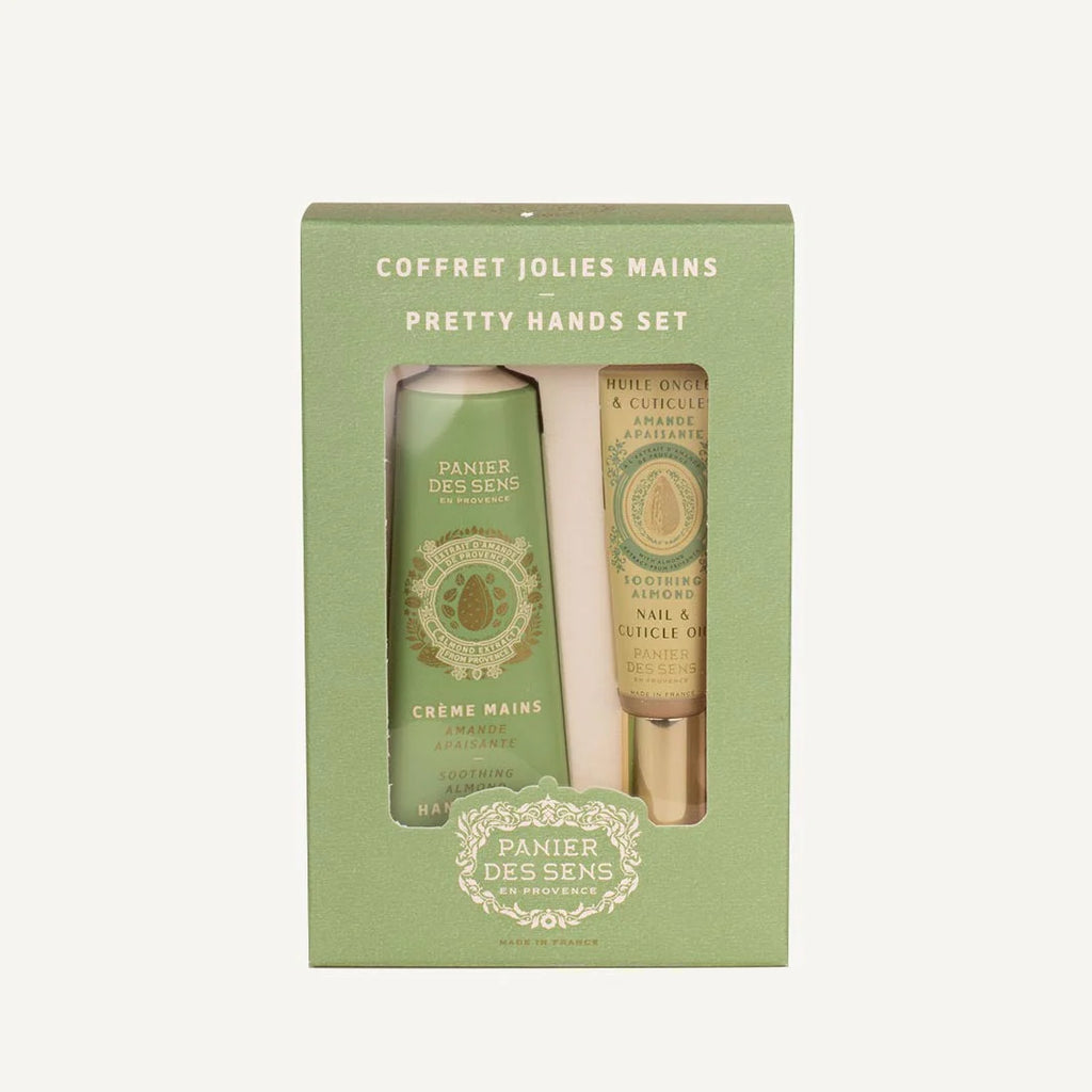 Hand care set with crème mains and nail oil in a green box, featuring Panier des Sens branding.