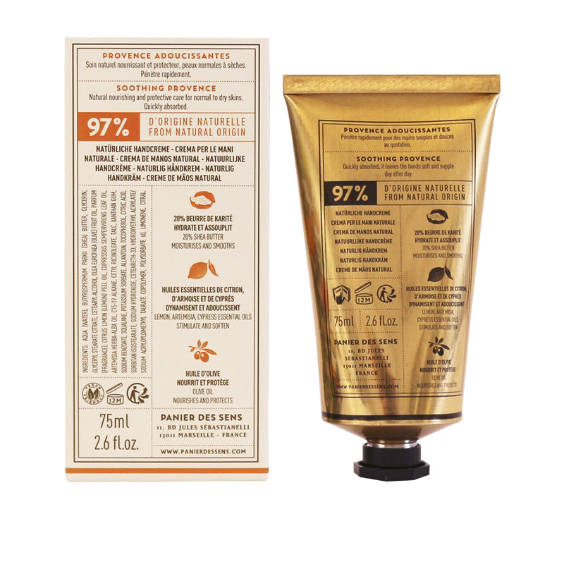 Panier des Sens Soothing Provence hand cream 75ml tube next to its white and orange packaging box, showing detailed French text and ingredients.