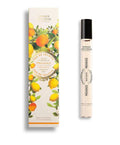 A perfume roll-on bottle next to its illustrated packaging box by Jeanier des Sens, featuring a Provence orange scent design with lemons and oranges on a white background.