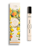 A perfume roll-on bottle next to its illustrated packaging box by Jeanier des Sens, featuring a Provence orange scent design with lemons and oranges on a white background.