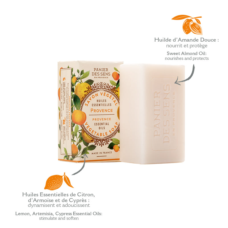 Panier des Sens Provence Essential Oils Vegetable Almond Soap shown with its illustrated cardboard packaging on a white background, with French text callouts highlighting sweet almond oil and lemon, artemisia, and cypress essential oils.