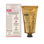 A 75ml squeeze tube of Panier des Sens Rejuvenating Rose hand cream next to its white and red product information card, showing detailed ingredients and usage information.