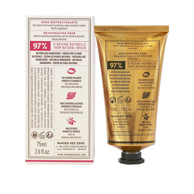 A 75ml squeeze tube of Panier des Sens Rejuvenating Rose hand cream next to its white and red product information card, showing detailed ingredients and usage information.