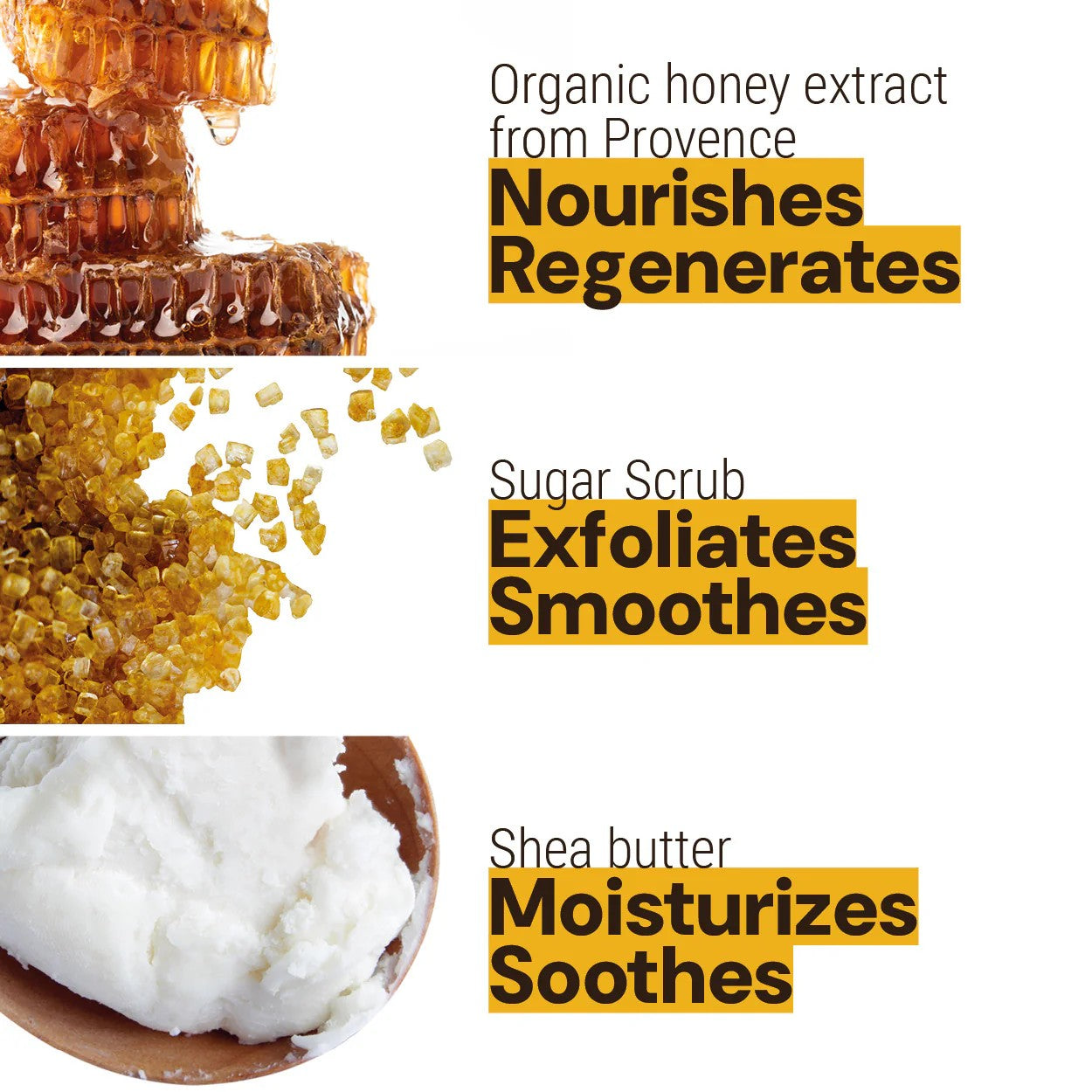 Honeycomb, sugar scrub, and shea butter with text describing their benefits on a white background.