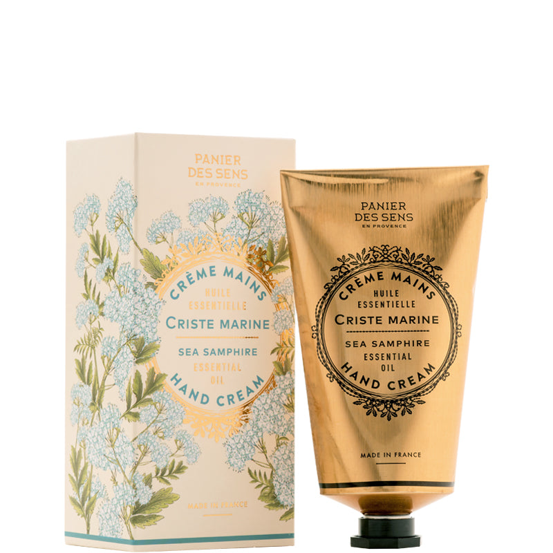 Panier des Sens Crème Mains Sea Samphire Essential Oil Hand Cream, shown in a metallic gold squeeze tube next to its illustrated cream box.