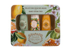 Hand cream trio set in a decorative tin with 'Panier des Sens' branding on a white background.