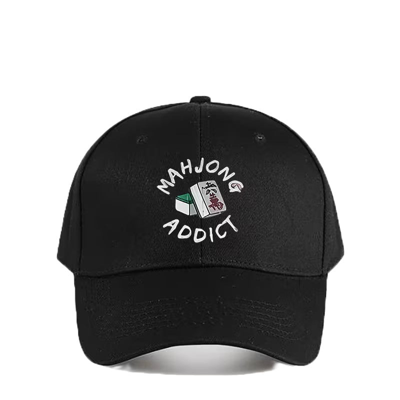 Black cap with 'Mahjong Addict' text and design on a white background