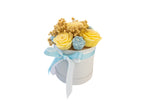 Decorative arrangement of yellow and blue candle flowers in a white container on a white background