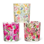 Three floral-patterned glass tumblers on a white background