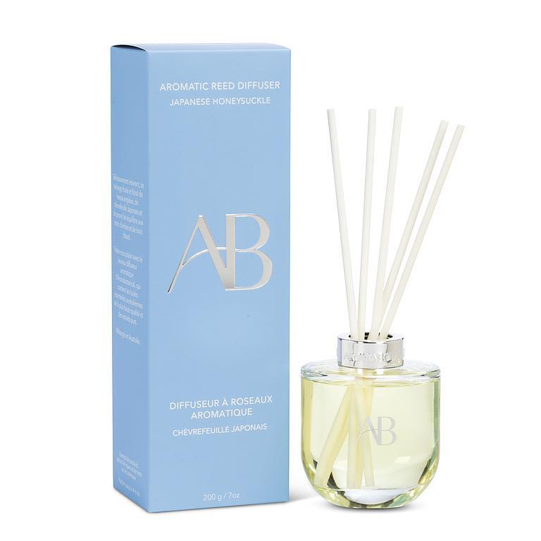 Aromatic reed diffuser with a blue box featuring 'AB' branding on a white background