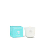 White candle with a lit wick next to a teal box labeled 'AB Botanical Wax Candle' on a white background