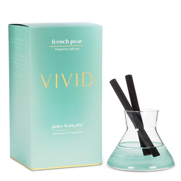 Fragrance diffuser with sticks and packaging labeled 'Vivid' on a white background