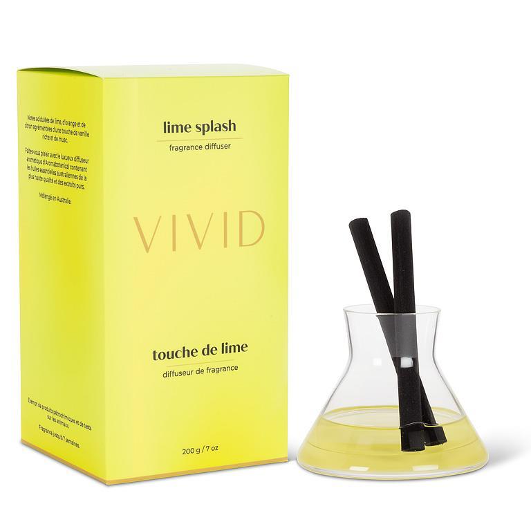 Vivid lime splash fragrance diffuser with packaging on a white background