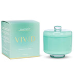 Mint green candle with lid and packaging labeled 'Vivid' on a white background