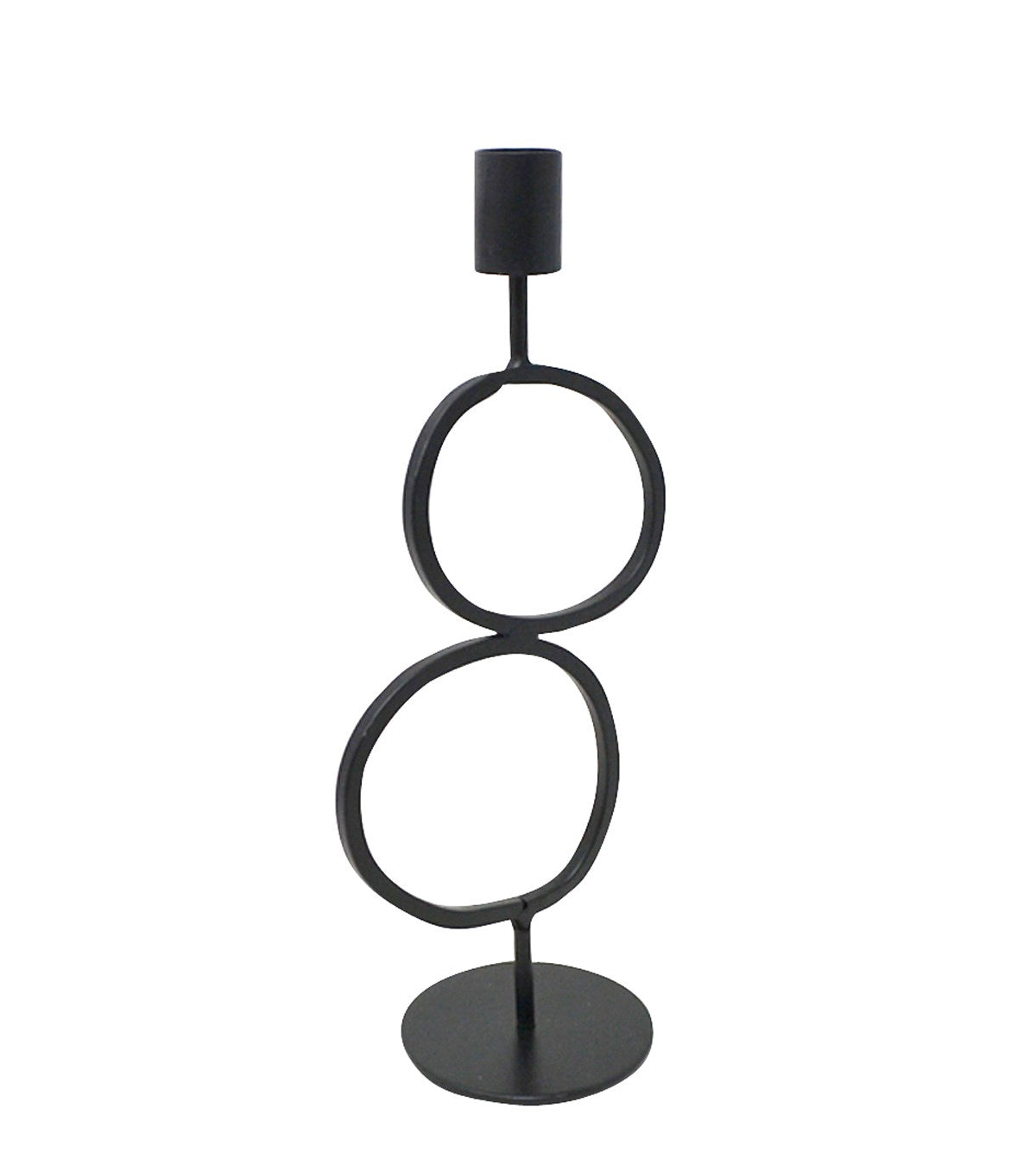 A black metal table lamp featuring a minimalist, abstract design with three stacked circular rings and a cylindrical shade on top, set against a plain white background.