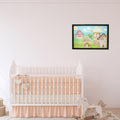 Nursery room with a crib, toys, and a framed picture on the wall.