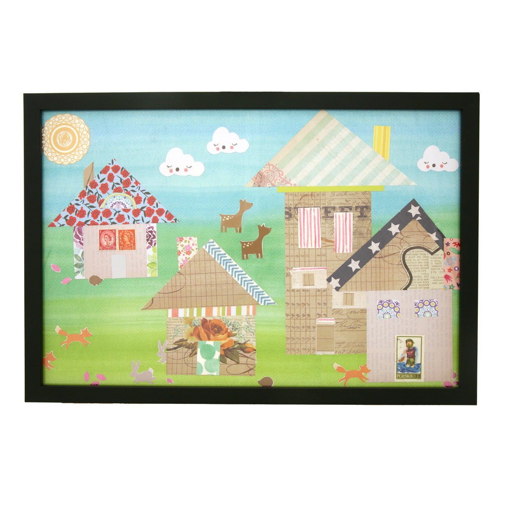 Framed children's illustration of a village scene with houses and animals on a white background