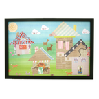 Framed children's illustration of a village scene with houses and animals on a white background