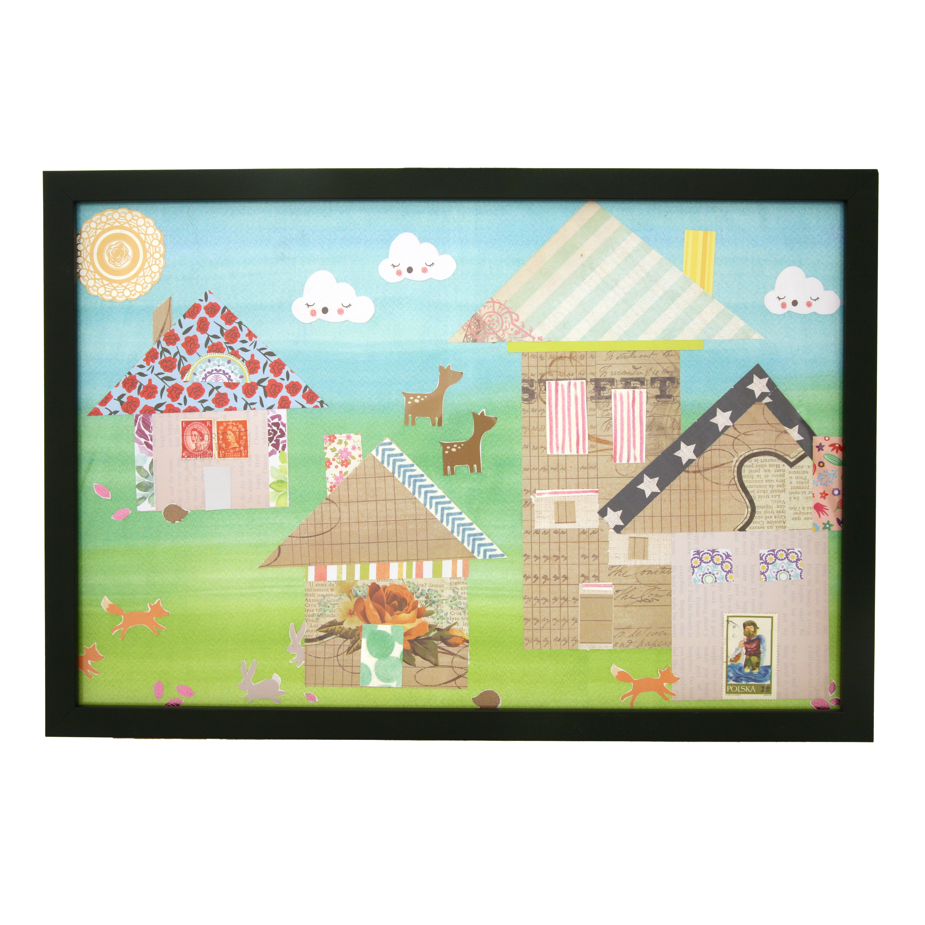 Framed children's illustration of a village scene with houses and animals on a white background