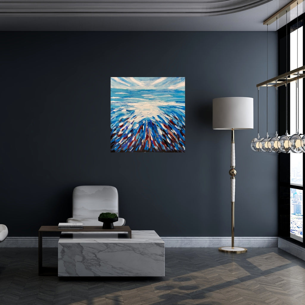 Modern interior with a painting of a sunburst on a dark wall, a floor lamp, and a chandelier.