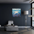 Modern interior with a painting of a sunburst on a dark wall, a floor lamp, and a chandelier.