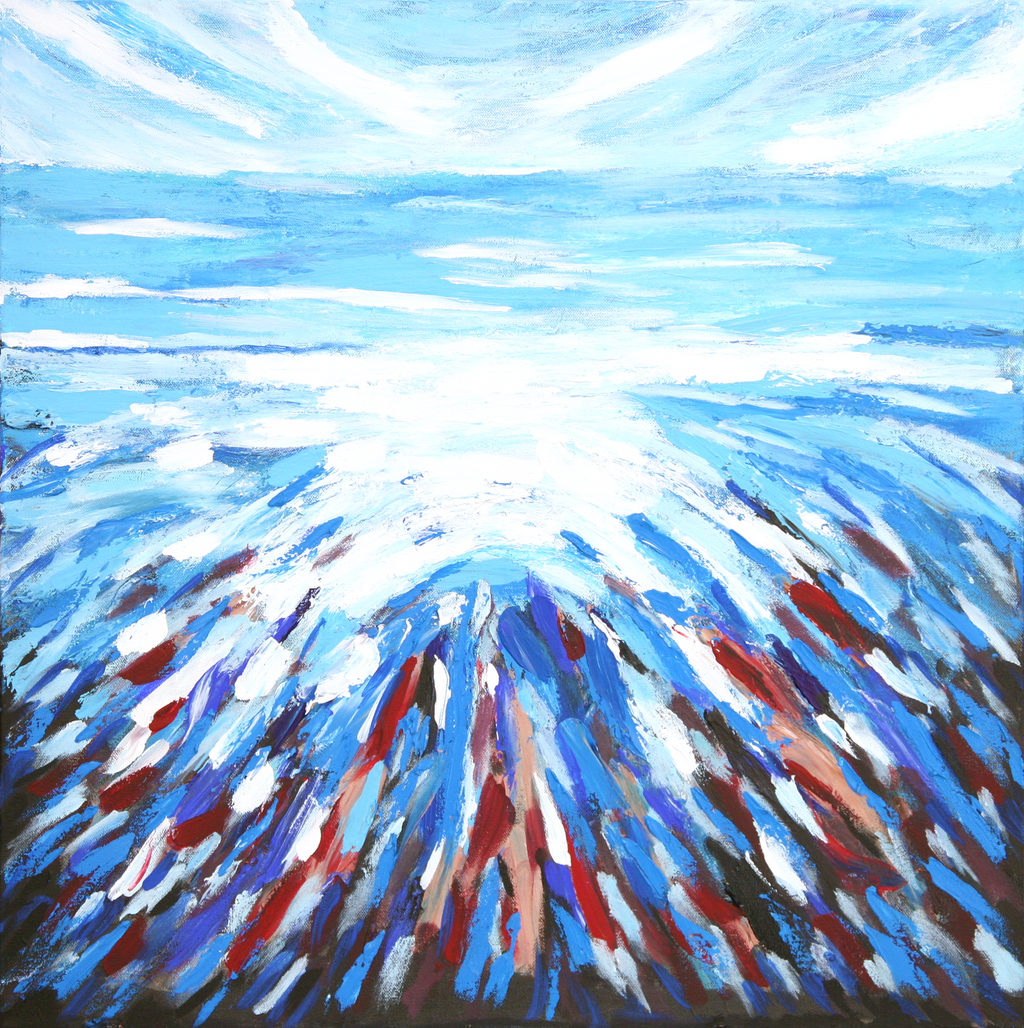 Abstract painting with blue, white, and red colors