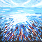Abstract painting with blue, white, and red colors