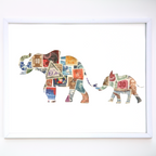 Framed artwork of two elephants made from colorful paper with a white background
