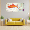 Living room with a yellow sofa and abstract art on the wall