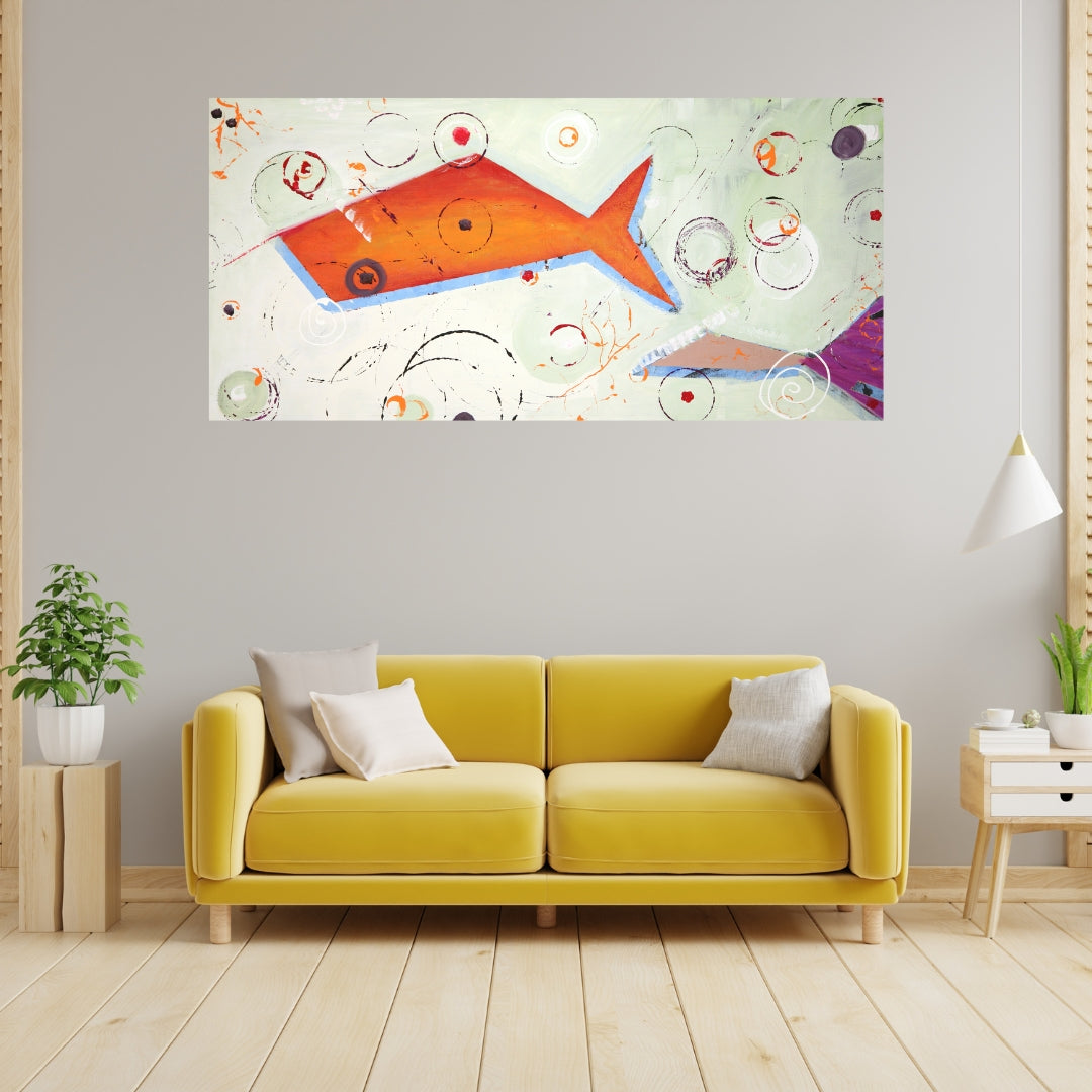 Living room with a yellow sofa and abstract art on the wall