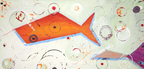 Abstract artwork with a fish-like shape and circular patterns on a light background