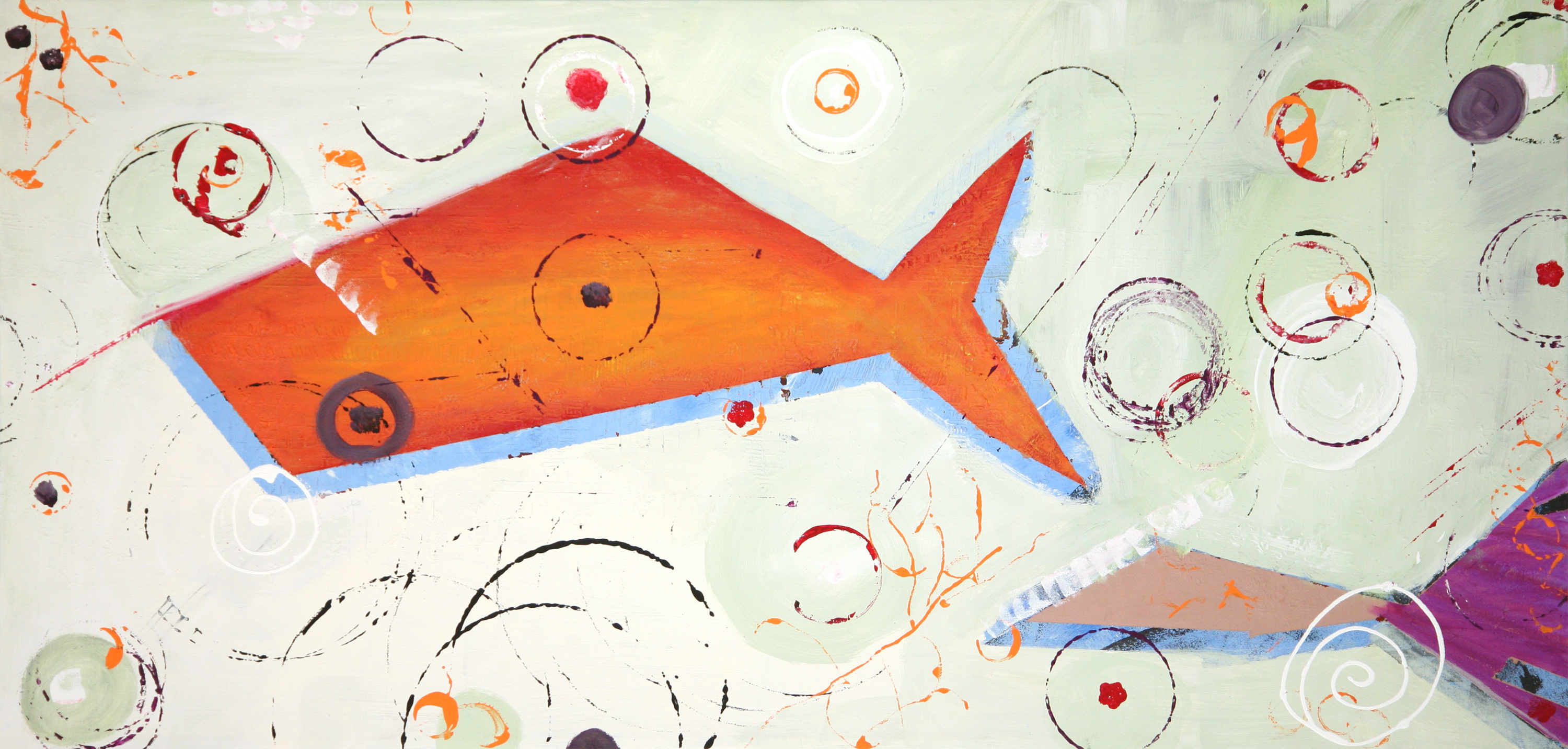 Abstract artwork with a fish-like shape and circular patterns on a light background