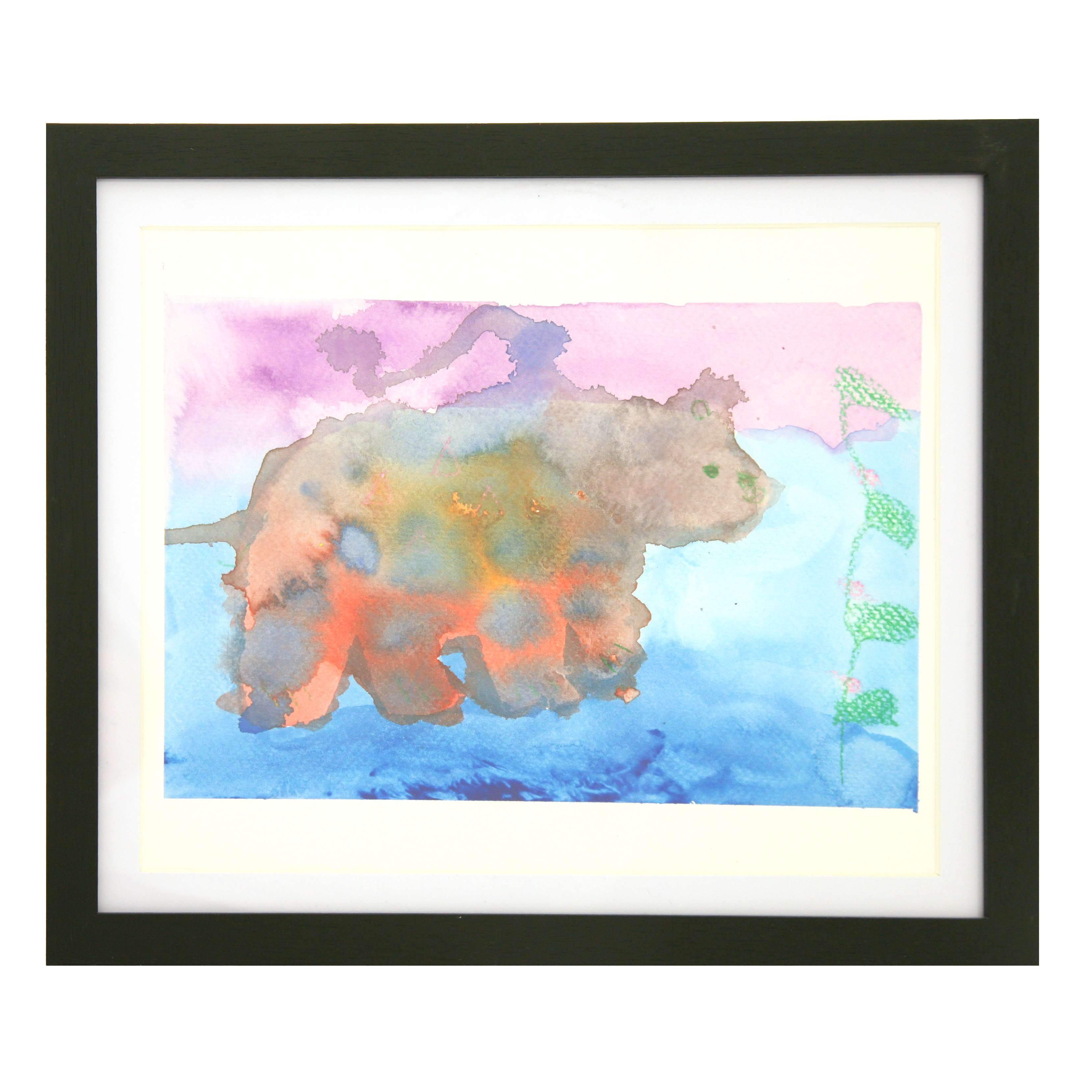 Framed watercolor painting of a colorful abstract design with a black frame.