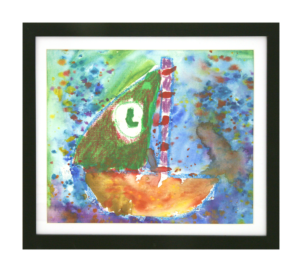 Colorful abstract painting with a boat-like shape on a multicolored background